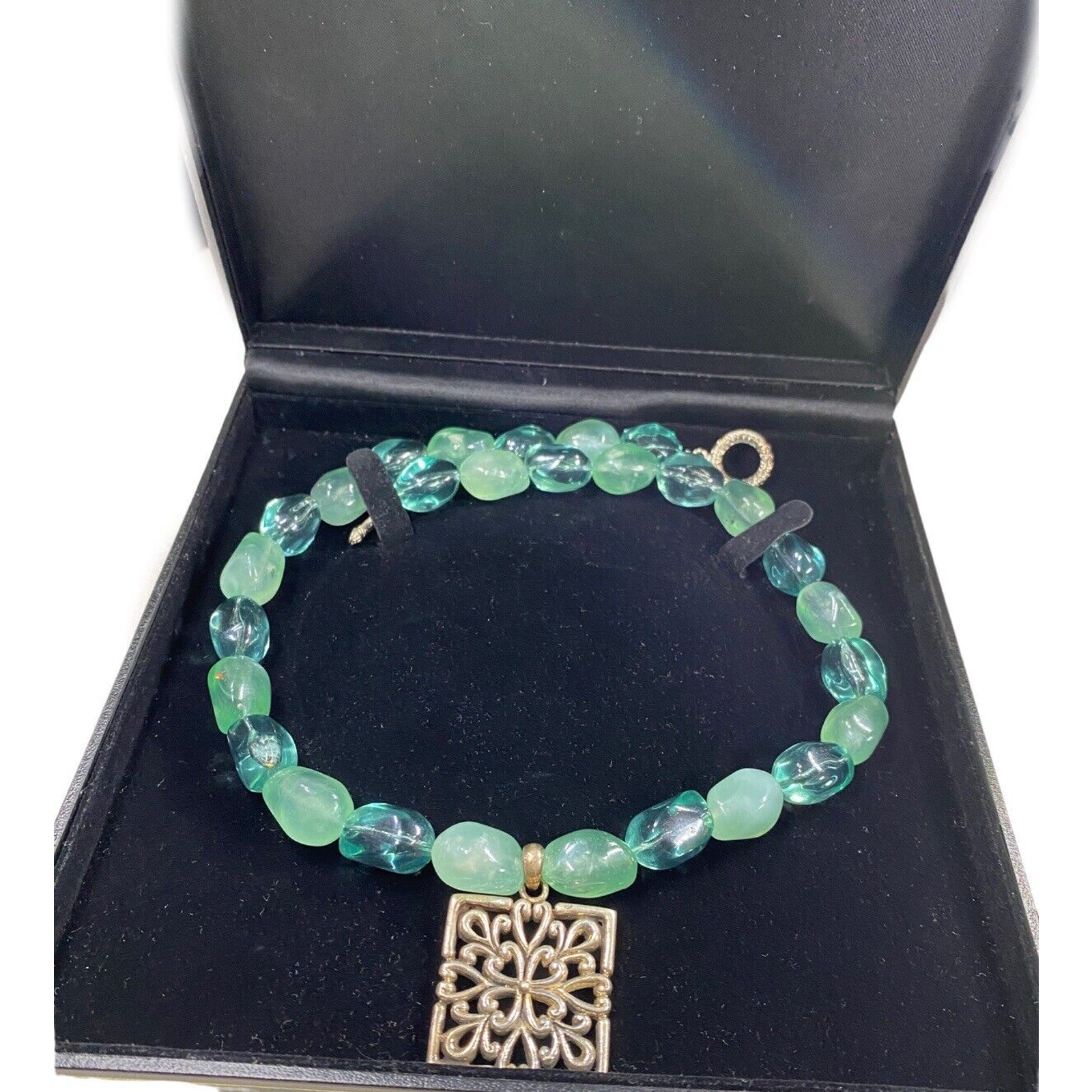 Boho Barse Sterling Silver Square Filigree Western Pendant With Sea Glass Beads 115$